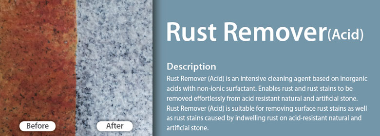 Rust Remover (Acid) is an intensive cleaning agent based on inorganic acids with non-ionic surfactant. Enables rust and rust stains to be removed effortlessly from acid resistant natural and artificial stone. Rust Remover (Acid) is suitable for removing surface rust stains as well as rust stains caused by indwelling rust on acid-resistant natural and artificial stone