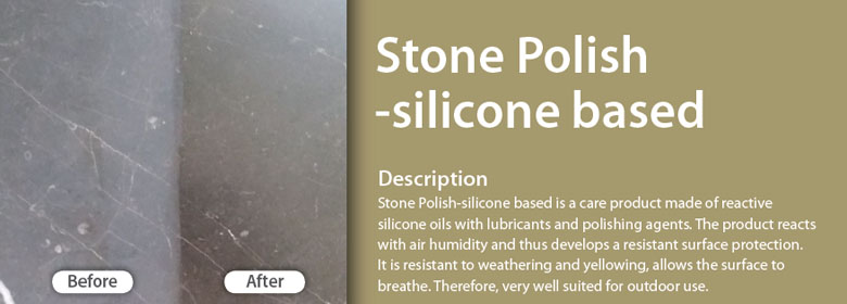 Stone Polish-silicone based is a care product made of reactive silicone oils with lubricants and polishing agents. The product reacts with air humidity and thus develops a resistant surface protection. It is resistant to weathering and yellowing, allows the surface to breathe. Therefore, very well suited for outdoor use.